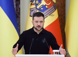President Volodymyr Zelensky speaks during a press conference with his Moldovan counterpart following their meeting in Kyiv, Ukraine, 25 January 2025